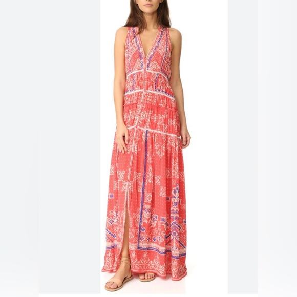 Rococo Sand x Revolve coral red and blue embroidered silk maxi dress - Picture 2 of 12